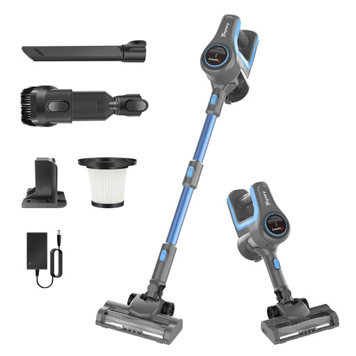 Cordless stick vacuum with LED floor brush, blue and grey