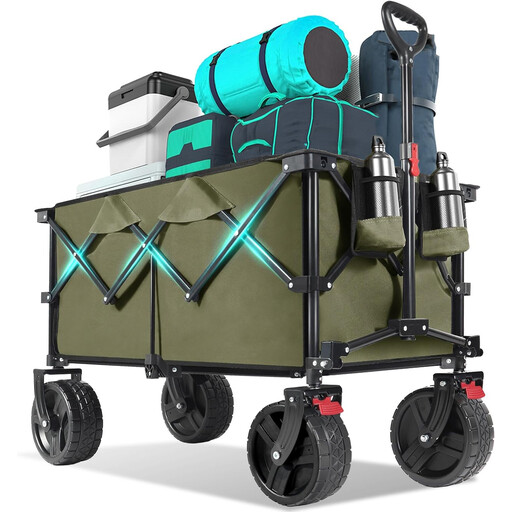 200L Folding Festival Trolley with All-Terrain Extra Wide Wheels and Brake, Khaki