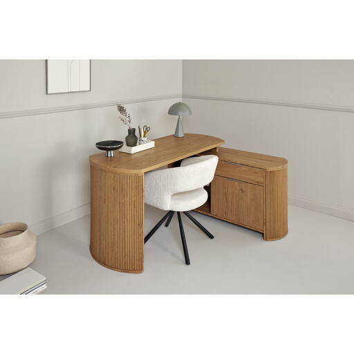 jahnke Premium Corner Desk Moon (W150 x D120 x H75.2cm) in Montana Oak Color with Universal Mounting of the Side Storage Section