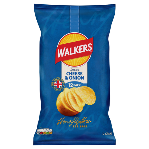 Walkers 奶酪洋葱味薯片，12 袋，每袋 25 g
