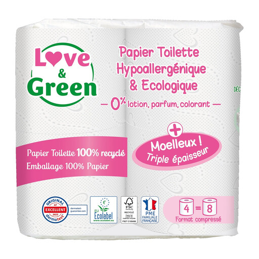 LOVE & GREEN Papier Toilette Recyclé ?cologique et Hypoallergénique