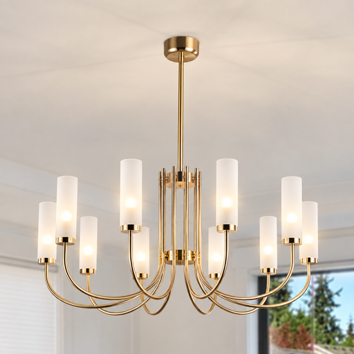 White Candle Chandelier, Gold Metal G9 Pendant Light with Frosted Tube Shades for Dining Room Living Room Bedroom Decor 10 Lights