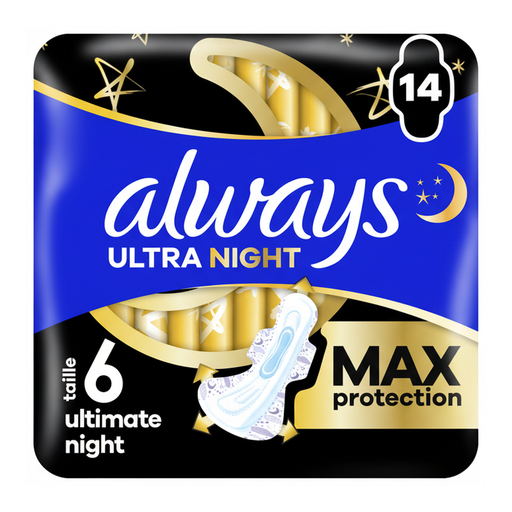 Always Ultimate Night Pads (Size 6) with Wings 14 units Super Absorbent For Periods