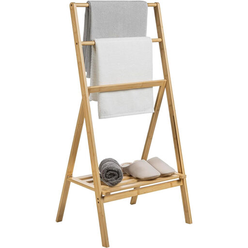 MyGift Freestanding 43-Inch Bamboo Folding Towel Stand with Shelf, Brown