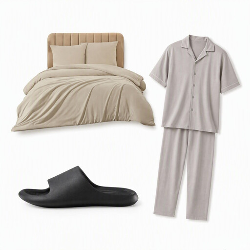[Men's Pyjama Set] Purcotton Men's Cooling Silky Cotton Loungewear + Meeallhome Washed Brushed Duvet Cover 140*200cm/65*65cm*1 Beige Grey + PUXI Banana Boat Slide Slippers Black Size 42-43 Unisex
