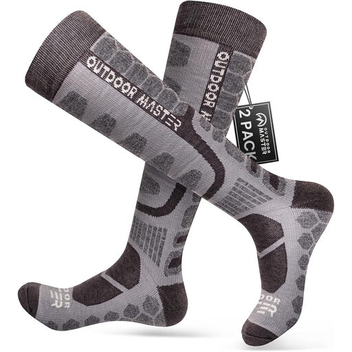 OutdoorMaster 2 Pairs Compression Merino Wool Ski Socks Deep Grey L