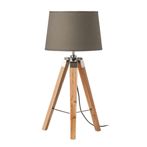 Premier Housewares Tripod Grey Shade Table Lamp, Nordic Design with Natural Wood Legs, Compact Accent Lamp with Fabric Shade