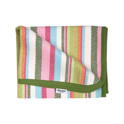 A large, striped oven cloth in green and pink