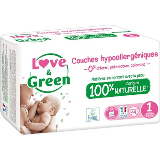 LOVE & GREEN Baby Nappies Size 1 2-5kg Hypoallergenic Natural 44 Nappies