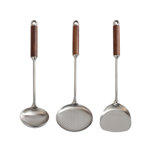 A set of three stainless steel utensils with wooden handles hanging from hooks