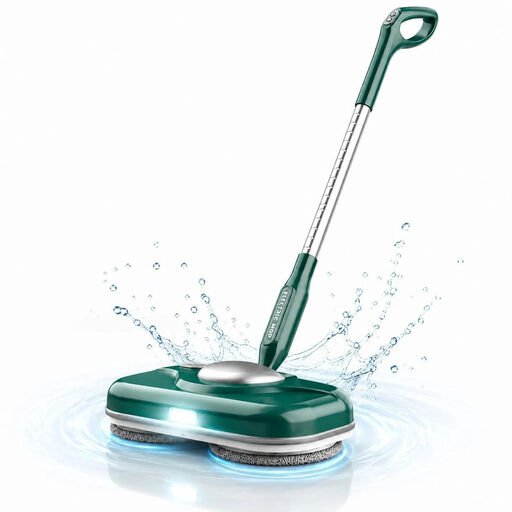 Green cordless electric mop with dual-rotating heads and water spray