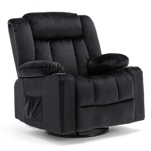 COMHOMA Manual Rotating Recliner Chair for Adults with Adjustable Backrest and Footrest, 361° Lounge Chair for Living Room, Drink Holder, Side Pockets, Soft Fabric, Ergonomic, Black