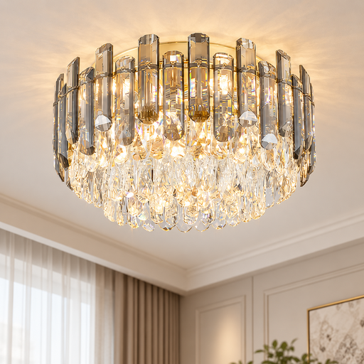 Gold Slanted-Cut Crystal Flush Mount Ceiling Light, E14 Single-Tier Chandelier for Bedroom Dining Room Hallway Decor 40cm