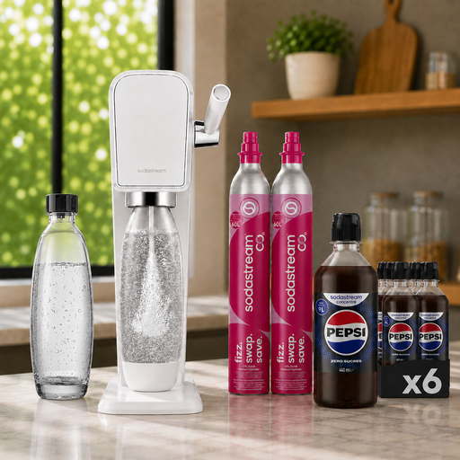 SodaStream ART blanc avec carafes en verre et recharges de CO₂