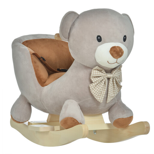 A grey plush bear rocking toy with a high-back seat