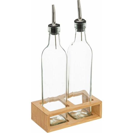 5five Glass Oil and Vinegar Bottle Set with Bamboo Stand - 0.5 L, Transparent