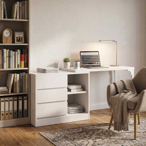 L-Shaped Computer Desk with Drawers and Shelves