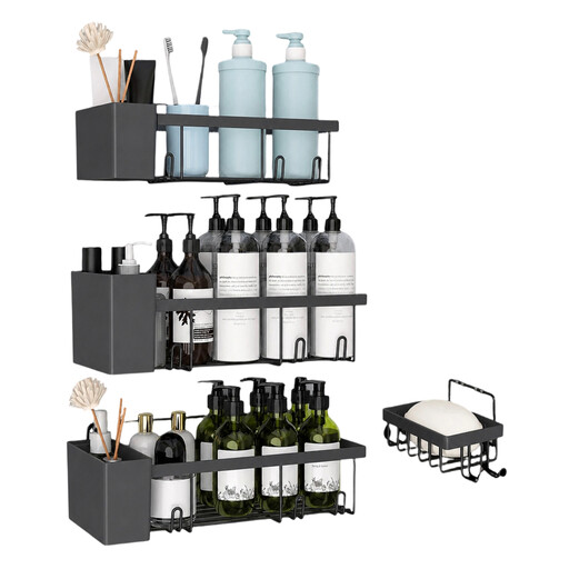 Drill-free carbon steel shower shelf, 5-piece bathroom shelf set