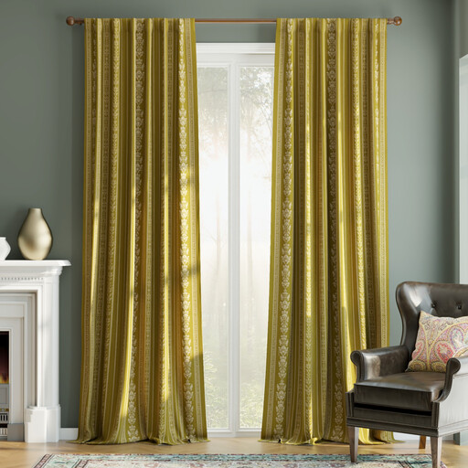 PONY DANCE Striped and Floral Velvet Curtains Back Tab, Luxury Classical Room Darkening Thermal Insulated Curtains for Living Room Bedroom, 2 Panels, W127 x L220 cm, Mustard Gold