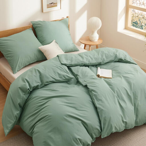 4-teiliges Baumwoll-Bettwäsche-Set in Salbeigrün