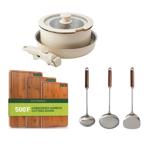 [Kitchen Essentials Bundle] VVM Bamboe Snijplanken + PURECOOK Spatel & Pollepel Serie + PURECOOK 6-delig Kookgerei