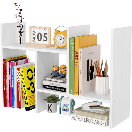 Senhoglb Freestanding Wood Small Desk Shelves Adjustable, White
