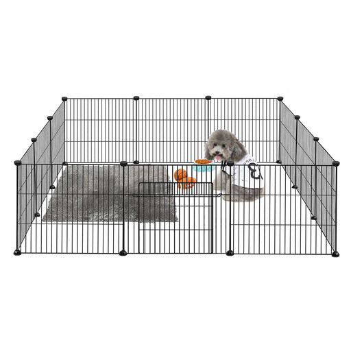 Dense mesh playpen fence with door for rabbits, hares, guinea pigs and puppies, suitable for indoor and outdoor use, black, 12 panels with door