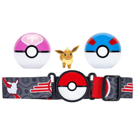 An image of the Pokémon Eevee Clip ‘N’ Go Belt Set with a figure, two Poké Balls, and a belt.
