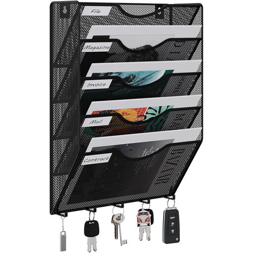 Senhoglb 5 Tier A4 Mesh Wall Pocket File Holder with 5 Hooks