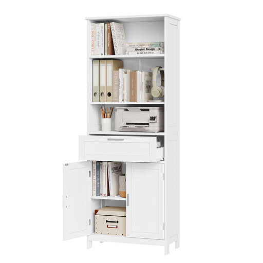 eSituro Bathroom Cabinet, Storage Shelf with 3 Open Compartments, 1 Drawer and 1 Cupboard with Doors and Adjustable Shelves, 30x60x160 cm, White