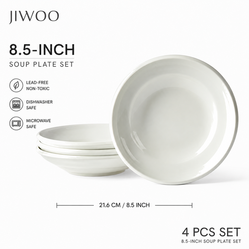 JIWOO Zen 8.5" Soup Plate Glossy White in Set (4pcs per Set)