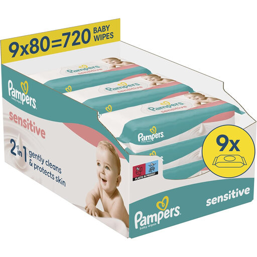 Pampers Sensitive Baby Wipes, 9 Packs of 80 Wipes = 720 Wipes