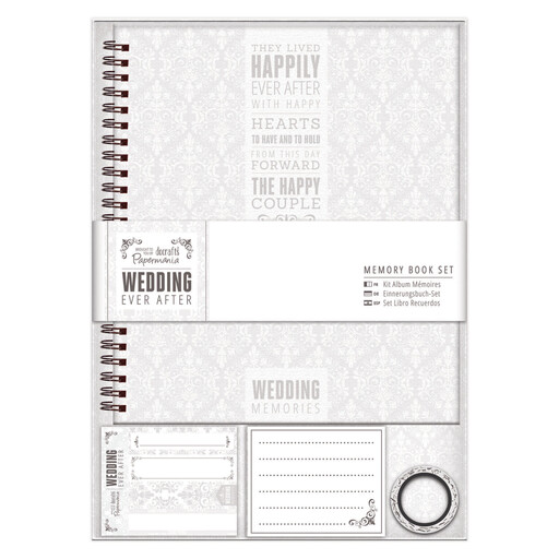 A white wedding memory book with elegant silver lettering and a ribbon tie