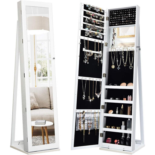 Costway 360-Degree Rotating 3-in-1 Mirrored Jewellery Storage Cabinet with Display Shelves, White