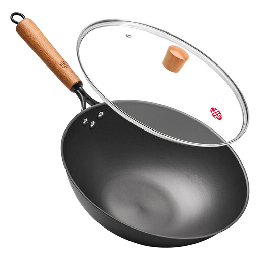 WANGYUANJI 12.6 Spin-Textured Carbon Steel Wok with Glass Lid