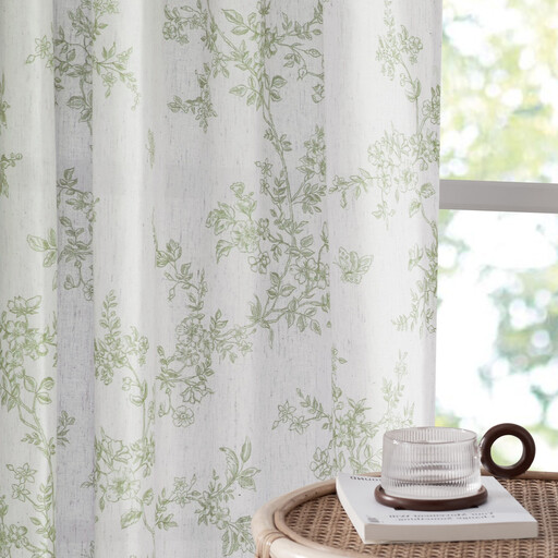 PONY DANCE Floral Curtains for Living Room, Semi Sheer Linen Drapes with Botanical Vine Print, Back Tab & Rod Pocket Privacy Nature-Inspired Home Decor, 2 Panels, W132 x L220 cm, Sage Green
