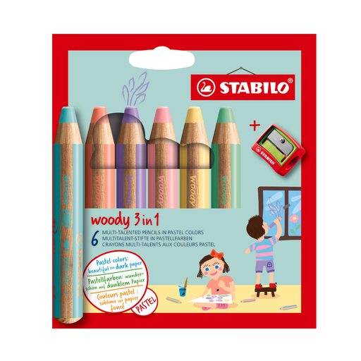 STABILO Woody 3-in-1 Coloring Pencils Set - 6 Pastel Colors