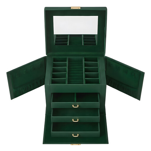 Ochama 4-Tier Jewellery Box, Lockable Jewellery Organiser with Handle, Retro Green