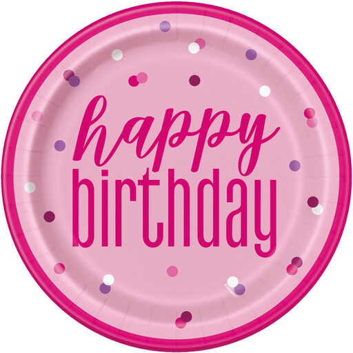 A pack of pink and silver birthday paper plates with a polka dot design