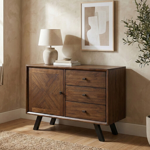 Large Sideboard Nevada Parquet Walnut/Black with a parquet cabinet door and three drawers
