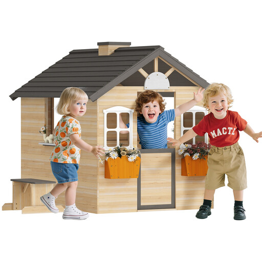A simple, classic wooden playhouse with a pitched roof and a single door.