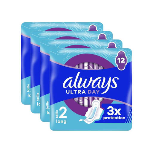 Always Ultra Sanitary Pads with Wings Moderate Flow Size 2 Long 48 Count (4 packs of 12)
