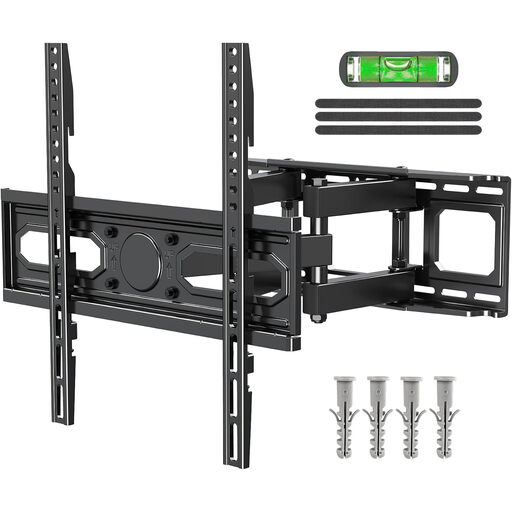 A heavy-duty full motion TV bracket with double articulating arms, shown against a white background