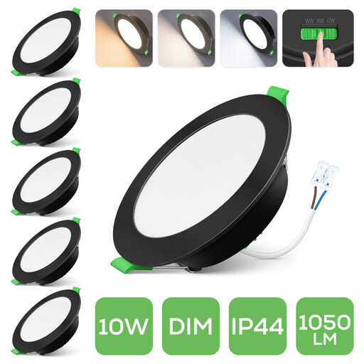 LED Recessed Spotlight, 230V, Dimmable, Flat, 10W, 1050LM, Black, 3CCT, IP44