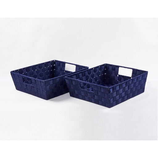 A set of two large, rectangular woven storage baskets in a deep navy blue colour.
