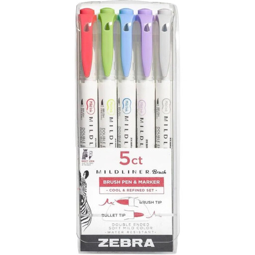 Zebra Mildliner set of 5 colored dual-tip markers
