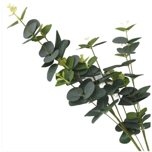 A tall, green artificial eucalyptus stem with multiple leaves