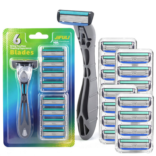 JiFULI men's razor, reusable handle with 17 replacement heads, 6 blades, grey