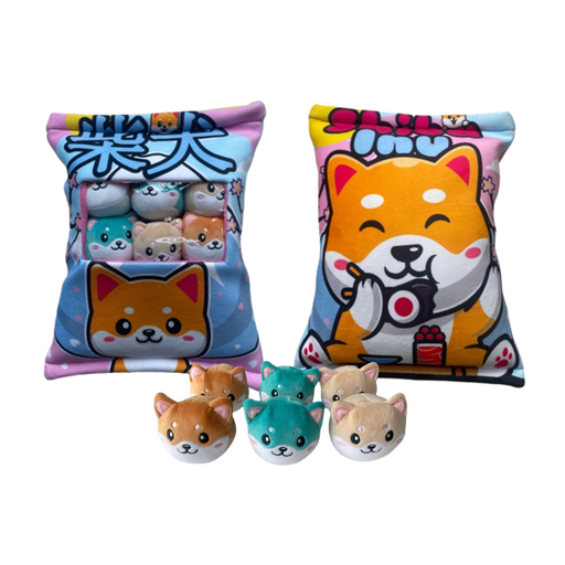 Coussin Kawaii avec 6 mini peluches Shiba Inu