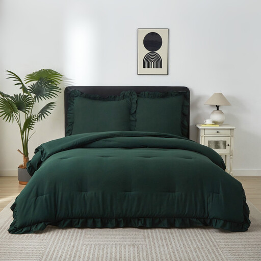 Meeallhome Comforter Set Vintage Ruffle Bed Set 200220cm/8080cm*2 dark green